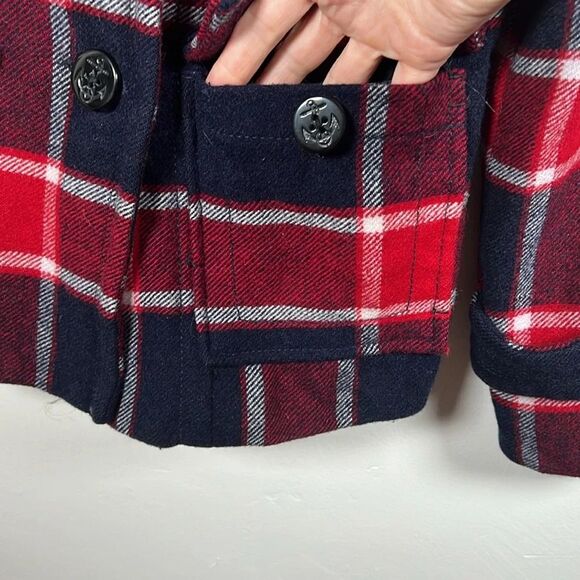 American Eagle Plaid Pea Coat Women's Size Medium Red Blue Preppy Classic - Picture 11 of 15